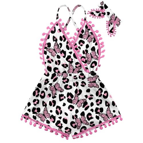 UNICOMIDEA Baby Girl Clothes 18-24 Months Backless Fashion Leopard print Infant Bodysuit With Bow-Knot Headband Pink Summer Adjustable Strap Newborn Romper Daily