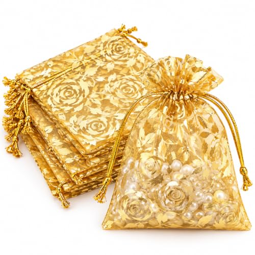 Image of Beingelegant Gold Organza Potli Printed Bags, 10X14 Cms, Pack of 25