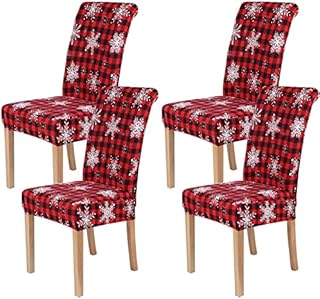 decorUhome Xmas Christmas Chair Covers for Dining Room, Set of 4 Stretch Printed Dining Chair Protector Slipcovers. Removable and Washable, Plaid Snowflake