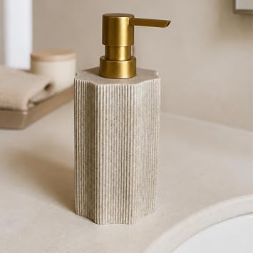 Dokulu Polyresin S v  Sabunluk, Gold Renk Pompal  Modern Geometrik Tasar m, Banyo ve Mutfak  in Dekoratif Sabun ve Deterjan Dispenseri, 450 ml, 8   8   18 cm Krem