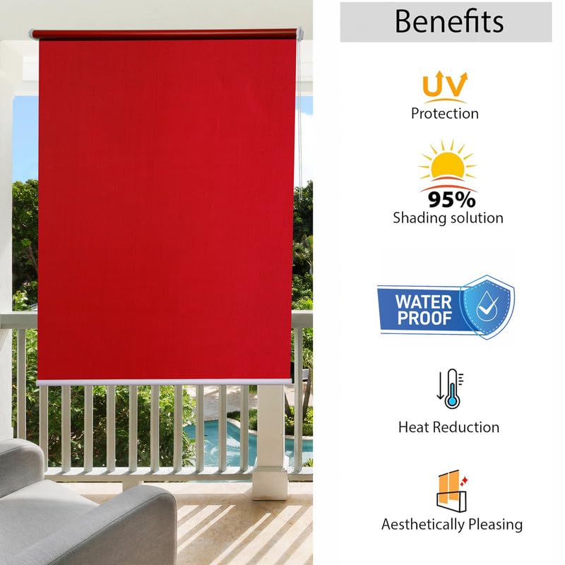 Image of Roller Blinds 300 GSM Polyester Fabric Waterproof & Sun Blockage Corded Roll Up and Down Blinds Curtains for Window, Door, Balcony (Red Color 2.5 X 12 Feet, Pack of 1 Piece)