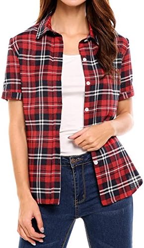 Elever Women Short Sleeve Classic Button Down Slim Fit Plaid Blouse Shirt