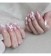 24 Pcs 3D Pink Nails Y2k Nails Cute Nails - Pink Press on Nails Almond Butterfly Tie Flowers Shor...