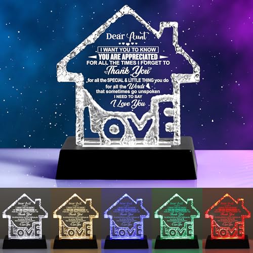 Aunt Gifts Crystal House with 7-Color LED Light Base, Ideal Gift for Aunt, Perfect forAunt Christmas Birthday Retirement Aunt Crystal+ Base-B