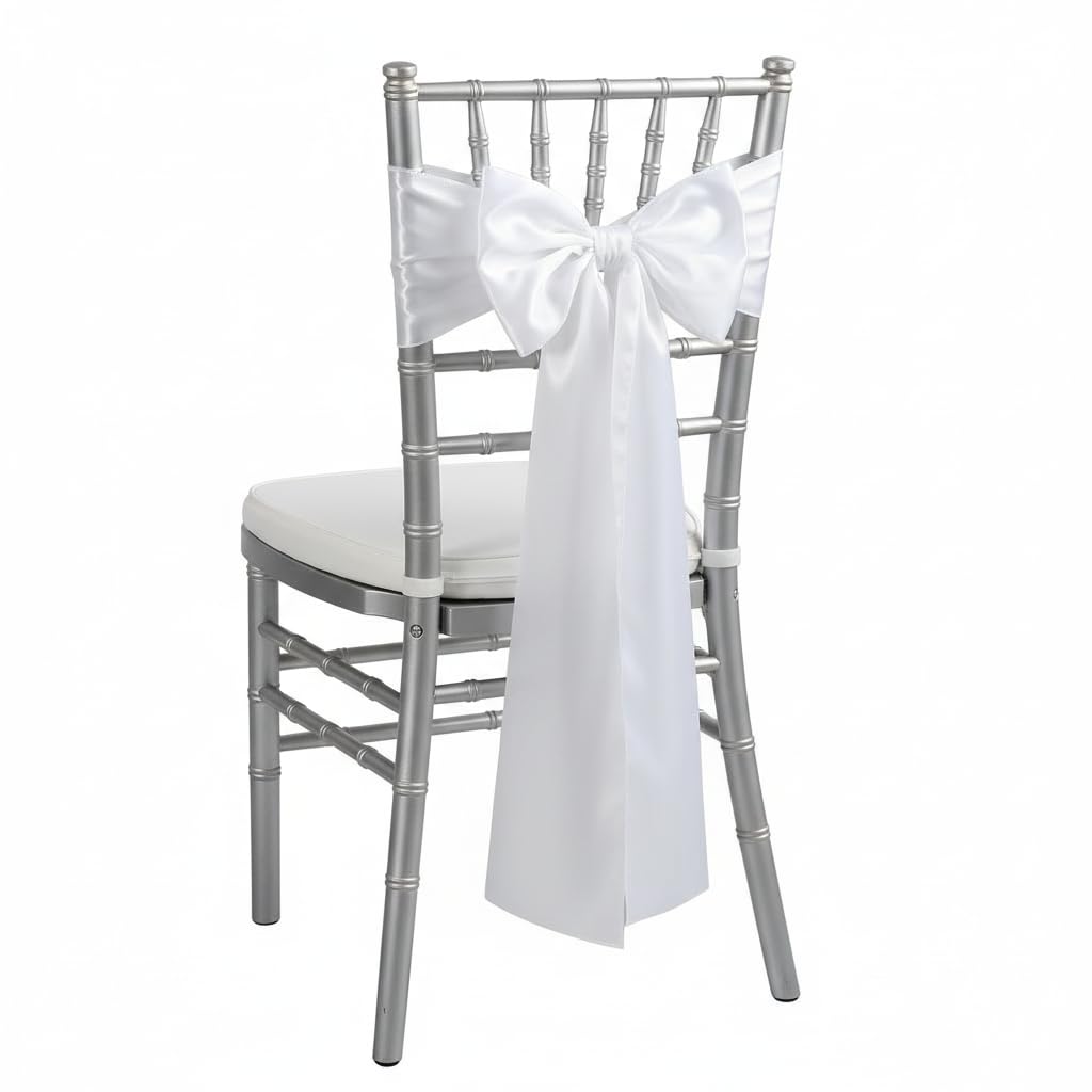 iEventStar Satin Sash Sashes Chair Bow Bows Cover Wedding Banquet Party Chair Decoration (White, 50)