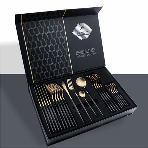 Ensemble de couverts en acier inoxydable plaqué or ensemble de 24 pièces couteau fourchette et cuillère ensemble vaisselle coffret cadeau (Black)