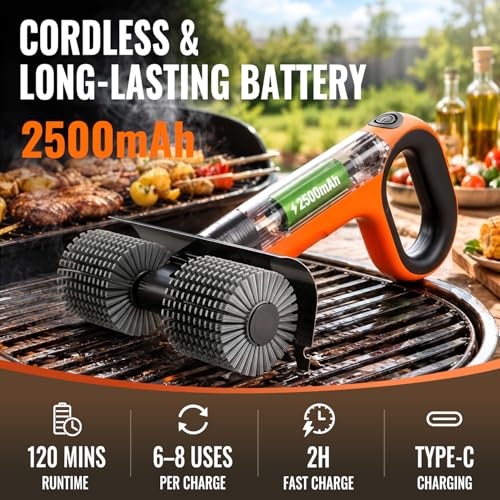 Image of Electric Grill Brush - Dual Rotating Heads Cordless BBQ Grill Cleaner, 450 RPM Motorized Power Grill Cleaning Brush with LED Light, 6-Piece Replaceable Brush Set Safe for Most Outdoor Grill Grates