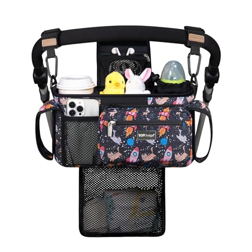 Image of TOPDesign Universal Baby Stroller Organizer, Stroller Caddy with Detachable Mesh Bag & Heightened Insulated Cup Holders & Non-Slip Secure Hooks Accessories, Fits Most Strollers (Cats & Rockets)