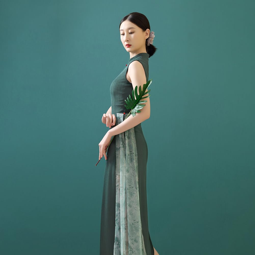 ROYAL SMEELA Cheongsam Sexy Vestiti Cheongsam Senza Maniche Colletto in Piedi Donna Abito Cheongsam Cinese Verde Abiti Qipao Cheongsam Costume Tradizionale Cinese Abito Qipao Lungo Vestito+Qipao