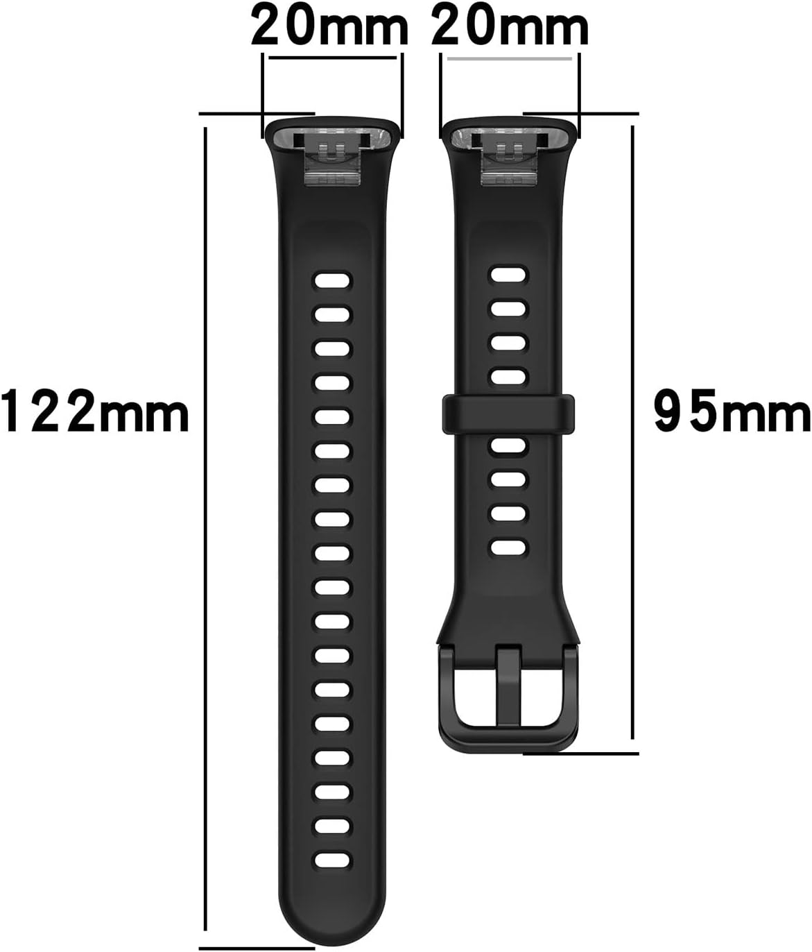 Diagram showing minimum and maximum wrist circumference for the band