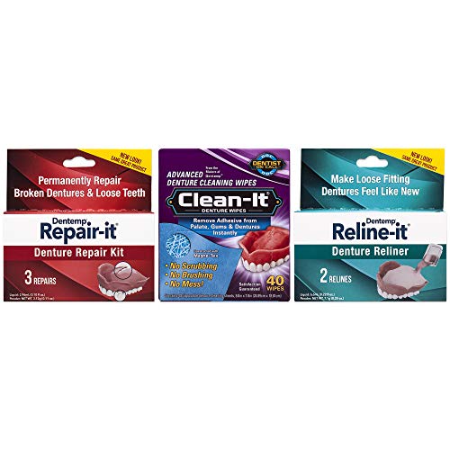Dentemp Repair-it Advanced Denture Repair Kit, Reline-it Advanced Denture Kit, Clean-it Denture Wipes (Packaging May Vary)