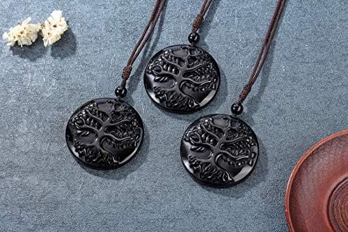 JOVIVI Tree of Life Obsidian Crystal Stone Healing Amulet Protection Pendant Necklace Men Handcarved Natural Black Gemstone Quartz Jewellery for Women Gifts