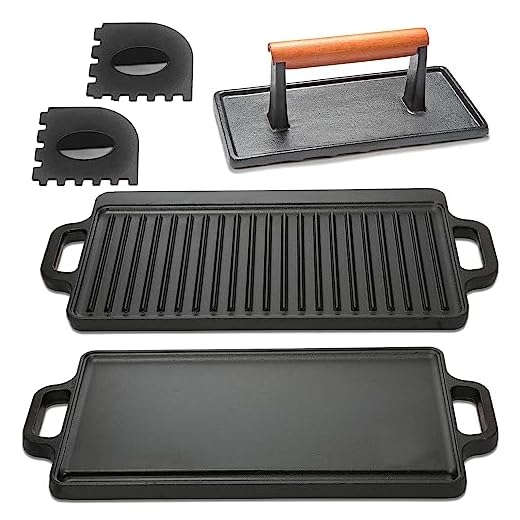 Cast Iron Stove Top Griddle Set & Griddle Accessories, Grill Pan, Includes Reversible Cast Iron Griddle, Stove Top Griddle Press, and Grill Pan Scrapers, Grill Plate measure 17 x 9 inch, Black