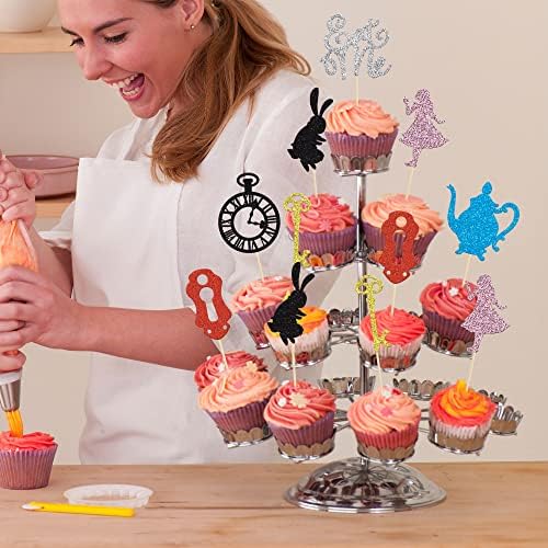 Gyufise 28 Pack Alice in Wonderland Cupcake Toppers Glitter Tea Party Eat Me Cupcake Picks Tea Party Cake Decorations Babyshower Boy Girl Kids Birthday Tea Party Supplies