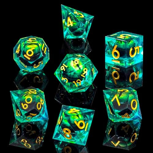 Beholder's Dragon Eye DND Dice Set,Sharp Edge Liquid Core Resin Handmade Dice with Gift Box 7 PCS for Role Playing Dungeons and Dragons Ttrpg(Green Dragon Eye)