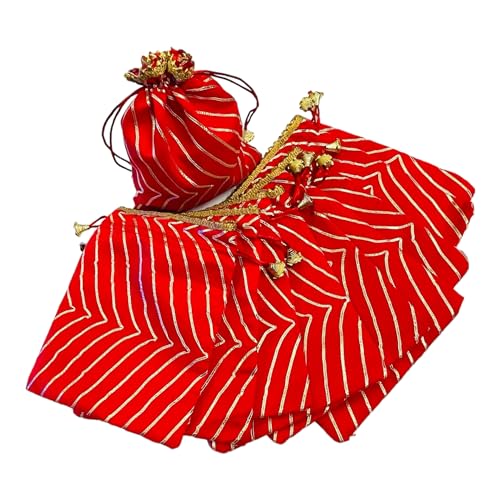 Kriwin Women's Silk Drawstring Closure Leheriya Big Size Gift Potli Bags Pouches(23 X 18 cm; Red & Golden)