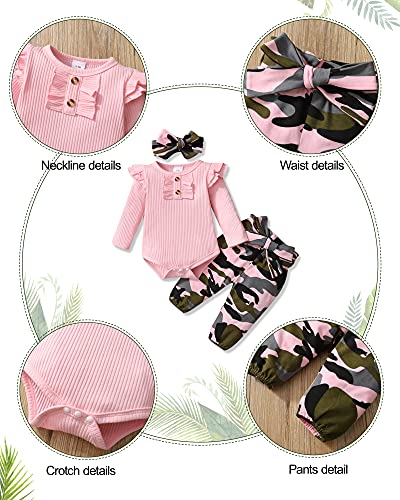 Nilikastta Newborn Baby Girl Clothes Infant Girl Outfit,Romper Bodysuit Ruffled Jumpsuit Camouflage Pants Headband Set(Pink Solid,6-12M) #TOP4