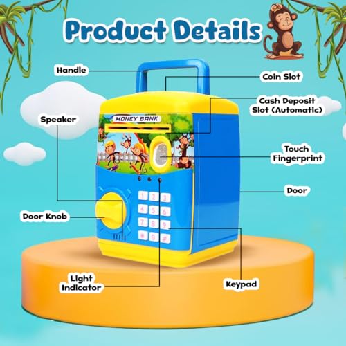 Image of Wembley Finger Print Sensor ATM Piggy Bank for Kids Girl Boys Gullak for Money Bank with Password & Music Auto Scroll Money Saving Box with Coin Cash Slot Gifts for Kids - Blue