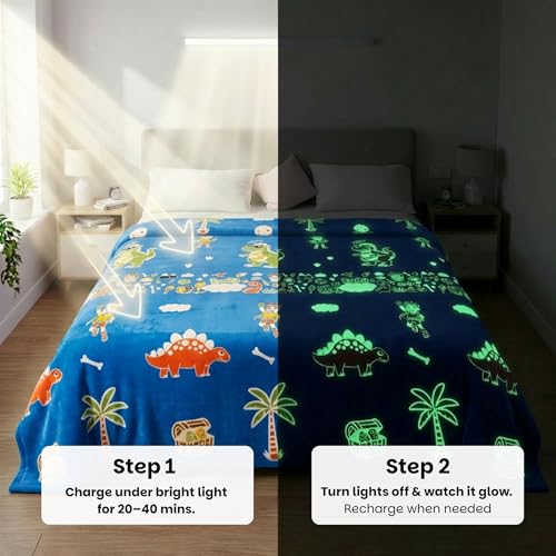Image of Famyo GlowMaxx Glow Blanket for Kids - Rexy the Dino | Kids Blanket 0-15 Yrs | 200x152 cm Double Bed Blanket | Soft Flannel Blankets for Winter | Lab-Tested & Safe, (Blue)