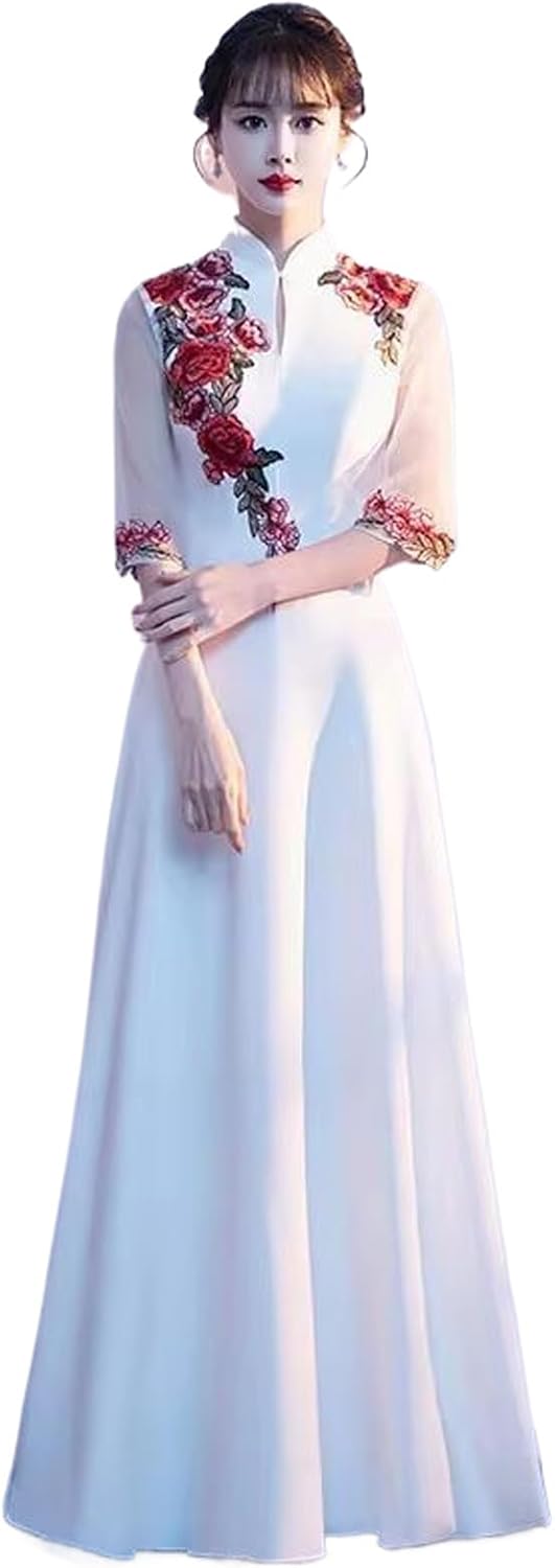 Embroidered Flower Qipao Chinese Ancient Style Dresses Women's Cheongsam Dress Traditional Mandarin Collar