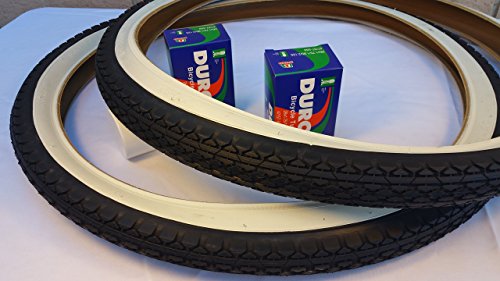 Duro Pair of Two (2) Diamond White Wall 26x2.125 Bicycle Tires with Two (2) Bicycle Inner Tubes for Beach Cruiser
