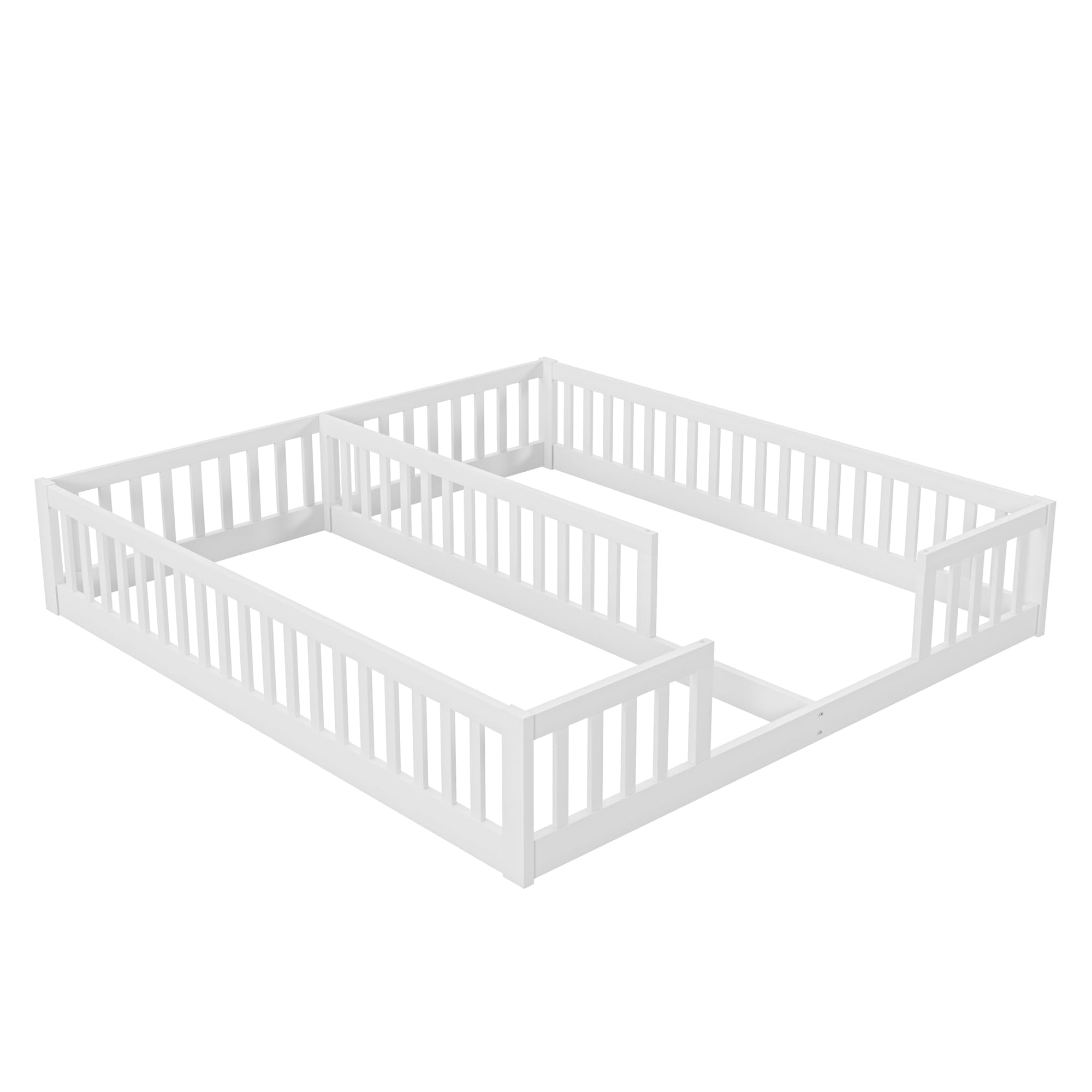 Cama infantil de suelo 90 x 200 cm con rejilla de seguridad, cama juvenil de madera de pino para familias con 2 niños, cama doble sin somier, color blanco