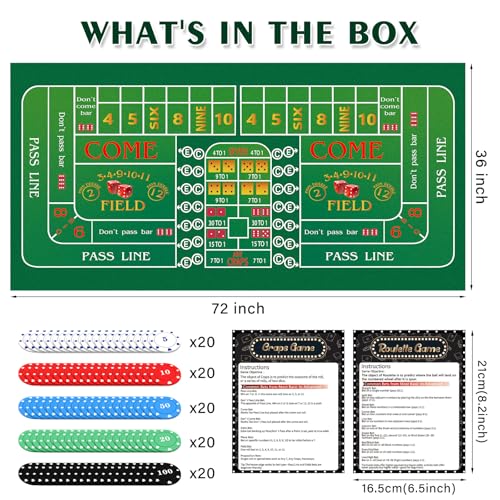 Double Sided Roulette & Craps Table Top Mat - 36\"x72\" Professional Casino Felt Layout for Poker Table Cover, Poker Night, Dice Games and Casino Theme Parties With 100 Chips and Instructions