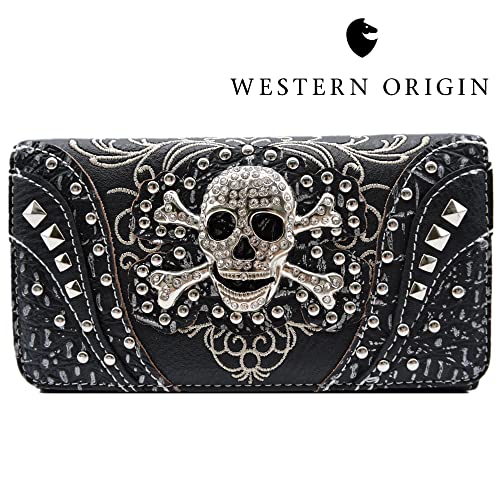 Punk Gothic Rock Metallic Skull Day of the Dead Floral Sugar Skull Leather Purse Women Handbag Shoulder Bag Wallet Set3