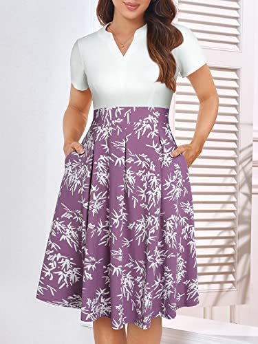 Image of YATHON Womens Elegant Print Notched Neck Slant Pocket Pleated Hem Casual A-Line Dress