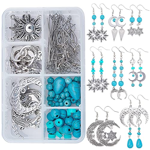 SUNNYCLUE 1 Box DIY 8 Pairs Star Moon Sun Dangle Earrings Making Kit Turquoise Beads Jewelry Making Accessories Supplies Bohemian Style Charms DIY Making Kits for Beginner Adults Silver Instruction