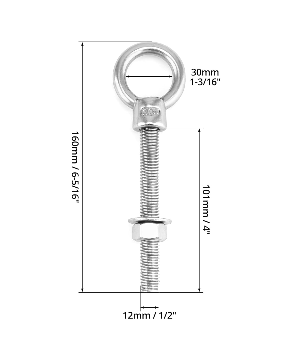 QWORK 304 Stainless Steel Shoulder Eye Bolts 1/2"x4", 10 Pcs Safe Threaded Connection for Marine, Workshop & Outdoor Use