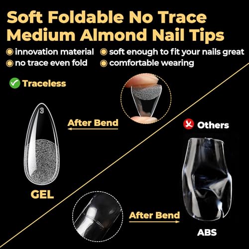 Image of UNA GELLA Medium Almond Nail Tips, Pre Etched Almond Gel Nail Tips, 240pcs Soft Gel Full Cover Clear Press on Fake Nails for Nails Extensions No C Curve DIY Salon at Home 12 Sizes