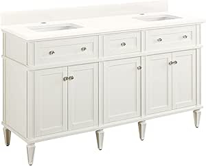 Signature Hardware 464938 Elmdale 60" Free Standing Double Vanity Cabinet Set with Mahogany Cabinet, Vanity Top and Rectangular Undermount Sinks - Single Faucet Hole - White/Arctic White