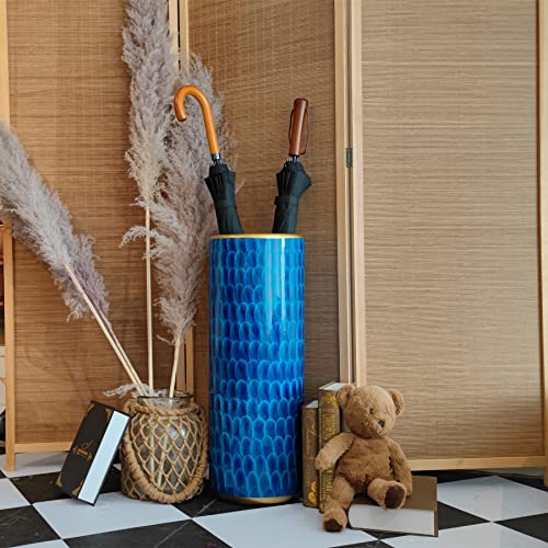 Landchy Luxurious Umbrella Stand Holder Umbrella Bucket Umbrella Rack Barrel Hand-Painted Feather Theme Porcelain Ceramic Floor Vase Entryway Porch Indoor 24" High Peacock Blue #TOP4