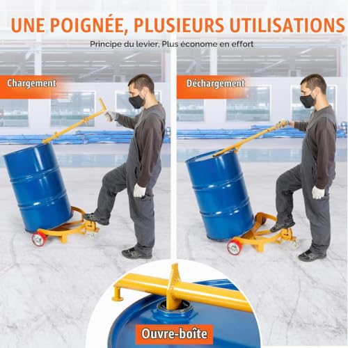 VEVOR Porte-Fût 250 L Chariot à Baril Capacité de Charge 544 kg Plateau Roulant 3 Roulettes Cadre Acier Poignée Ajustable Socle Rouleur Outil pour Manutention Fûts Tambours Bidons Huile Entrepôt Usine – vue 4