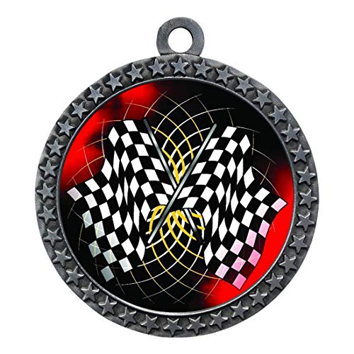 10 Pack of Racing Flags Silver 2.25 Inch Medals Trophy Awards with Red White Blue Neck Ribbons D212S-FCL436-10PK