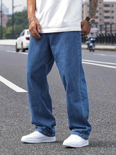 Image of THIRD QUADRANT Men's Relaxed Fit Non-Stretch Blue Denim Jeans | Classic Straight Leg | Everyday Jeans