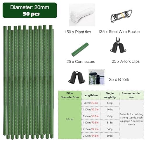 Piquets de jardin en métal pour support de plantes, treillis robuste avec attaches pour plantes grimpantes comme les concombres, haricots, framboises, courges, utilisation en extérieur