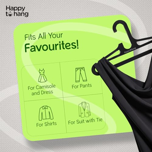 Image of Happy To Hang Champknight Plastic Cloth Hangers | Benzer Model Black Multi-Utility Hanger Set for Clothes Hanging, Wardrobe, Cupboard & Almirah | Pack of 12