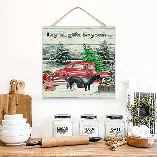 Panneau mural rustique en bois sur mesure avec gnomes et camion rouge pour table de Noël