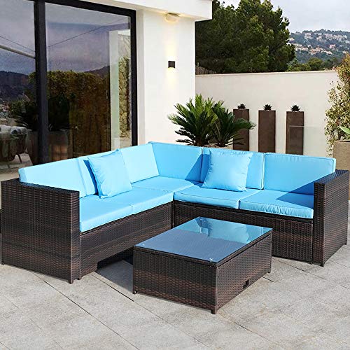 Sandinrayli 6PCs Patio Furniture Set, All-Weather PE Wicker Rattan Sectional Sofa with Seat Cushion, Pillow & Tempered Glass Table, Outdoor Conversation Set