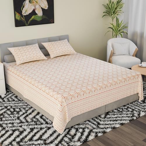Image of Kuber Industries Cotton 160 TC Double Bedsheet With 2 Pillow Covers | Machine Washable Soft Bedsheet For Living Room, Home & Hotels | Triangle Border Heritage Print - Orange