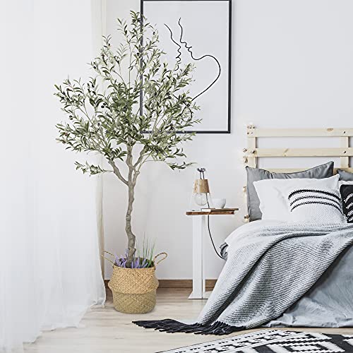 Artificial Olive Tree, 82 Inches Tall - Fake Floor Plant For Modern Home Decor - Living Room, Bedroom, Balcony - Faux Potted Trees For Indoor Or Outdoor - Includes Seagrass Belly Basket #TOP5
