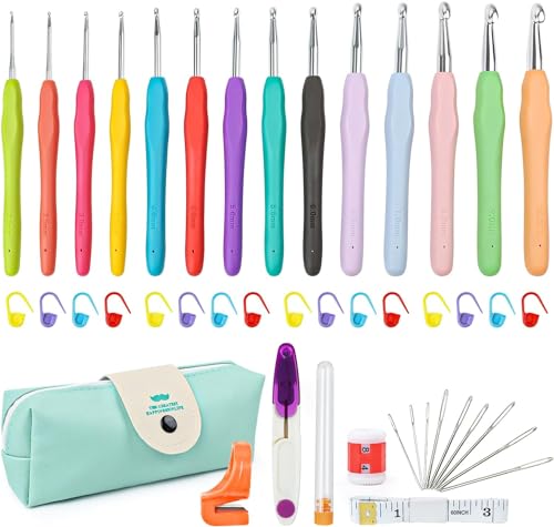JOLIGAEA Kit Conjunto Agujas de Ganchillos, 14 Piezas Crochet Hook Set, Kit de Agujas de Tejer Ergonómicas, Apto para Principiantes, Regalo para Mujer