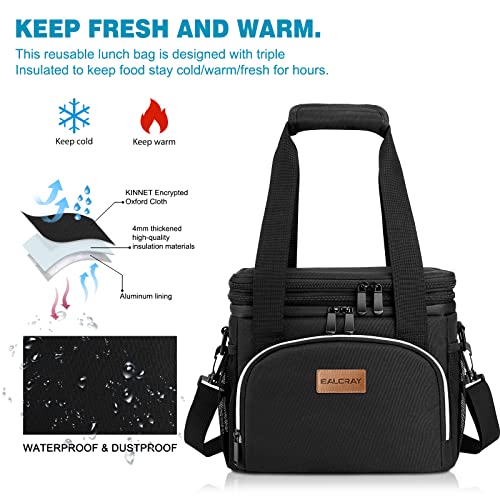 Baloray 15L Black Insulated Lunch Bag For Men Women, Expandable Large Lunch Bags For Work, Leakproof Double Deck Lunch Box Cooler Tote Bag With Adjustable Shoulder Strap #TOP3