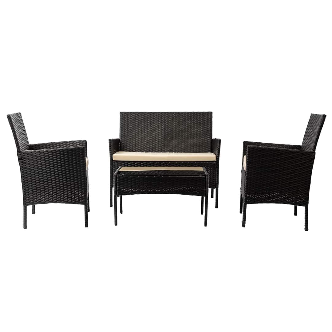 Nustone Rattan Garden Furniture Patio Bistro Set, 2 Seater Sofa, 2 Chairs with Cushions and a Coffee Table, Perfect for Gardens, Cafes and Terraces (Black)
