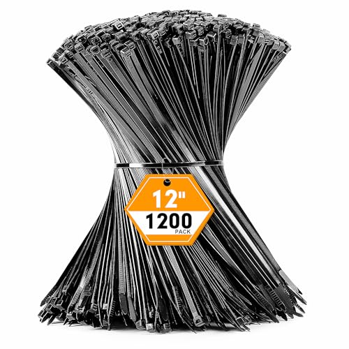 RAZCC 1200pcs Black Cable Zip Ties 12 Inch, Heavy Duty Plastic Nylon Tie Wraps with 50lb Tensile Strength for Indoor & Outdoor
