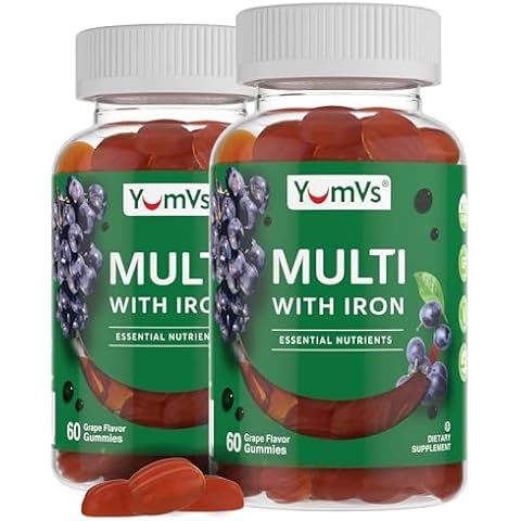 YUM-V'S YumVs Multivitamin Gummies with Iron - Grape Flavor - Vegetarian Kosher Multi Vitamins for Adults with Vitamin A C B6 B12 Biotin Zinc - No Calcium (60 Count (Pack of 2)) Cover