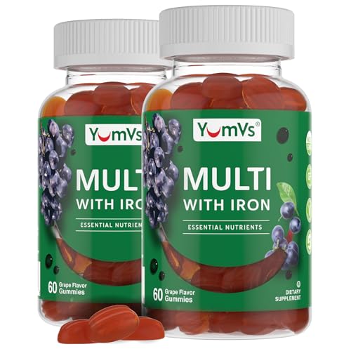 YUM-VS Iron Gummies - Multivitamin Iron Supplement with Vitamin C, A, B & Zinc, Supports Blood Oxygen, Vegan Supplements for Women, Men & Kids for Growth and Development - Grape Flavor - 2-Pack