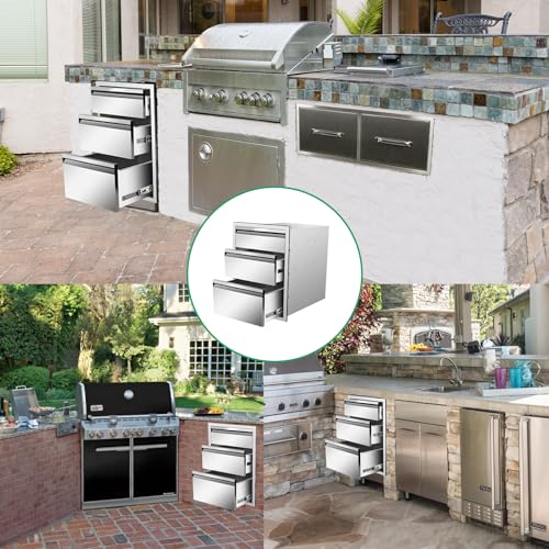 Image of Outdoor Kitchen Drawers 18 inch W x 24 inch H x 23 inch D Stainless Steel Triple Drawers with Hidden Handle for BBQ Island, Patio Grill Station & Outdoor Kitchen Cabinets
